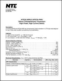 NTE29 datasheet: Silicon complementary NPN transistor. High power, high current switch. NTE29