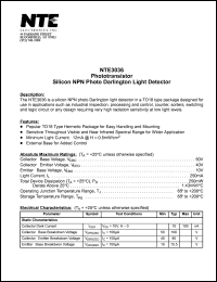 NTE3036 datasheet: Phototransistor. Silicon NPN photo darlington light detector. NTE3036