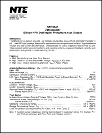 NTE3045 datasheet: Optoisolator. Silicon NPN darlington phototransistor output. NTE3045