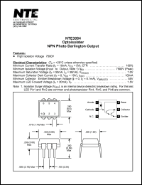 NTE3084 datasheet: Optoisolator. NPN photo darlington output. High isolation voltage 7500V. NTE3084