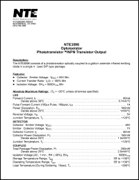 NTE3098 datasheet: Optoisolator.Phototransistor w/NPN transistor output. NTE3098