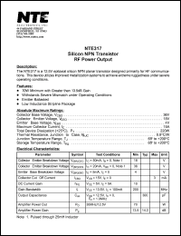 NTE317 datasheet: Silicon NPN transistor. RF power output. NTE317