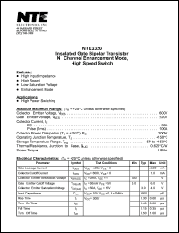 NTE3320 datasheet: Insulated gate bipolar transistor. N-channel enhancement mode, high speed switch. NTE3320