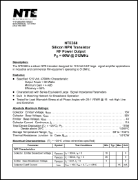 NTE368 datasheet: Silicon NPN transistor. RF power output, Po = 60W @ 512MHz. NTE368
