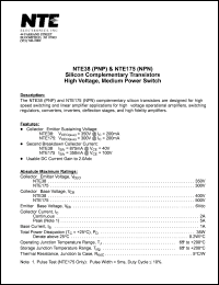 NTE38 datasheet: Silicon complementary PNP transistor. High voltage, medium power switch. Compl to NTE175. NTE38