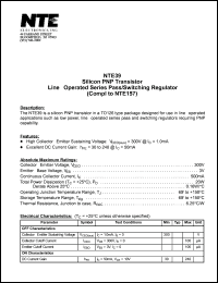 NTE39 datasheet: Silicon NPN transistor. Line-operated series pass/switching regulator (compl to NTE157). NTE39