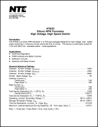 NTE53 datasheet: Silicon NPN transistor. High voltage, high speed switch. NTE53