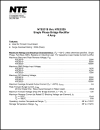 NTE5320 datasheet: Single phase bridge rectifier, 4A. Maximum recurrent peak reverse voltage, Prv = 1000V. NTE5320