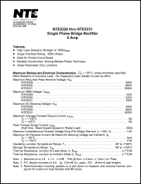 NTE5330 datasheet: Single phase bridge rectifier, 6A. Maximum recurrent peak reverse voltage, Prv = 600V. NTE5330