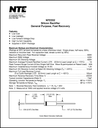NTE552 datasheet: Silicon rectifier. Max reccurent reverse voltage 600V. Max average forward rectified current 1A. NTE552