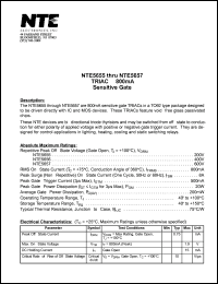 NTE5655 datasheet: TRIAC, 800mA, sensitive gate. Repetitive peak off-state voltage Vdrm = 200V. RMS on-state current 800mA. NTE5655