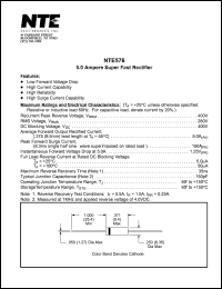 NTE576 datasheet: Super fast rectifier. Reccurent peak reverse voltage Vrrm = 400V. Average forward rectified output current I(av) = 5.0A. NTE576