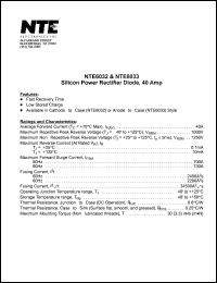 NTE6033 datasheet: Silicon power recfifier diode . Anode to case. Max repetitive peak reverse voltage 1000V. Average forward current 40A. NTE6033