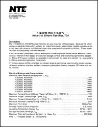 NTE6073 datasheet: Industrial silicon recfifier. Anode to case. Max peak reverse voltage 1000V. Max forward current 70A. NTE6073