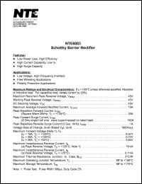 NTE6083 datasheet: Schottky barrier recfifier. Max recurrent peak reverse voltage 45V. Max average rectified forward current 10A. NTE6083