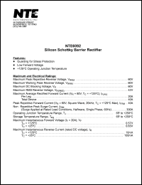 NTE6092 datasheet: Silicon schottky barrier rectifier. Max peak repetitive reverse voltage 60V. Max average rectified forward current 20A. NTE6092