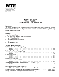 NTE628 datasheet: Silicon rectifier, fast recovery, dual, center tap. Peak repetitive reverse voltage 600V. Average rectifier forward current: 6A (per diode), 12A (total device). NTE628