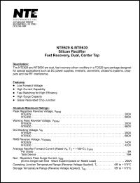 NTE630 datasheet: Silicon rectifier, fast recovery, dual, center tap. Peak repetitive reverse voltage 600V. Average rectifier forward current: 8A (per diode), 16A (total device). NTE630