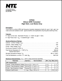 NTE63 datasheet: Silicon NPN transistor. High gain, low noise aplifier. NTE63