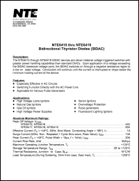 NTE6416 datasheet: Bidirectional thyristor diode (SIDAC). Peak off voltage 45V. NTE6416