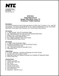 NTE7010 datasheet: Integrated circuit. Single chip NTSC TV processor w/OSD interface.. NTE7010