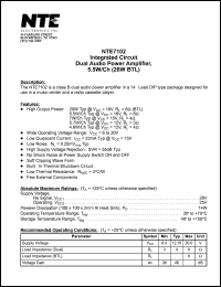 NTE7102 datasheet: Integrated circuit. Dual audio power amplifier, 5.5W/Ch (20W BTL). NTE7102