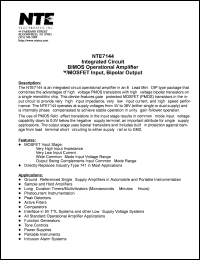 NTE7144 datasheet: Integrated circuit. BIMOS operational amplifier, w/MOSFET input, bipolar output. NTE7144