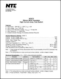 NTE72 datasheet: Silicon NPN transistor. High current amplifier, fast switch. NTE72