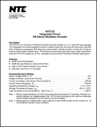 NTE722 datasheet: Integrated circuit. FM stereo multiplex decoder. NTE722