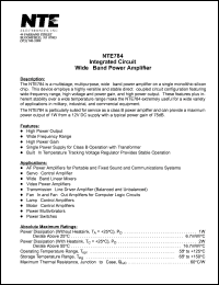 NTE784 datasheet: Integrated circuit. Wide - band power amplifier. NTE784
