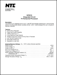 NTE815 datasheet: Integrated circuit. TV horizontal processor. NTE815