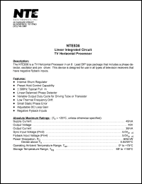 NTE836 datasheet: Linear integrated circuit. TV horizontal processor. NTE836