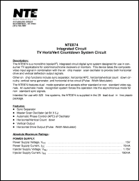 NTE874 datasheet: Integrated circuit. TV horiz/vert countdown system circuit. NTE874