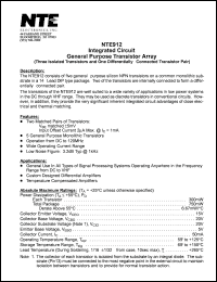 NTE912 datasheet: Integrated circuit. General purpose NPN transistor array (Three isolated transistors and one differentially-connected transistor pair). NTE912