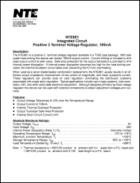 NTE981 datasheet: Integrated circuit. Positive 3 terminal voltage regulator, 100mA. Vout = 8V, Vin = 30V. NTE981