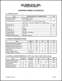 ACM2002P-REYS-T datasheet: 0.0-6.5V; 5x7dots with cursor; 20characters x 2lines; dot size:1.12x1.12mm; dot pitch:1.22x1.22mm; AZ display ACM2002P-REYS-T