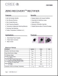 CSD10060A datasheet: 600V; 10A; zero recovery rectifier. For switch mode power supplies, power factor correction, motor control CSD10060A