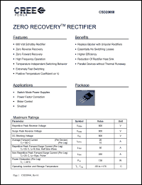 CSD20060D datasheet: 600V; 20A; zero recovery rectifier. For switch mode power supplies, power factor correction, motor control, snubber CSD20060D