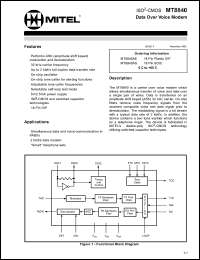 MT8840AS datasheet: 5V; 2.5mA; data over voice modem. For simultaneous data and voice communication in PABXs, 2kbits/s data modem, smart telephone sets MT8840AS