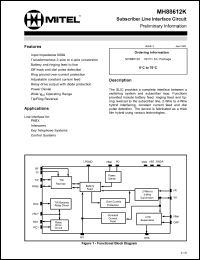 MH88612K datasheet: 0.3-15V; 2W; subscriber line interface circuit. For PABX, intercoms, key systems, control systems MH88612K