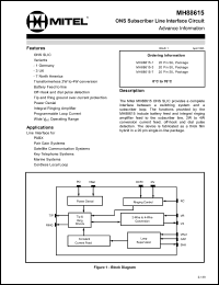 MH88615-3 datasheet: 0.3-65V; ONS subscriber line interface circuit. For PABX, key systems, pair gain systems, satellite communication systems, marine systems, cordless local loop MH88615-3