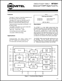 MT8941AE datasheet: 0.3-7.0V; 10mA; subscriber network interface cicuit. For synchronization and timing control for T1 and CEPT digital trunk transmission links, ST-BUS clock and frame pulse source MT8941AE
