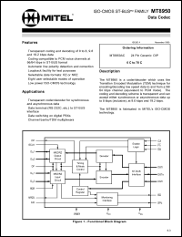 MT8950AC datasheet: 0.3-7.0V; 10mA; data codec. For transparent coder/decoder for synchronous and asynchronous data, data switching on digital PBXs, channel banks/TDM multiplexers MT8950AC