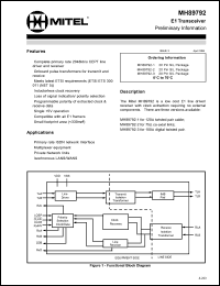 MH89792-1 datasheet: 5V; E1 transceiver. For primary rate ISDN network interface and multiplexer equipment MH89792-1