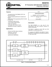 MH89793 datasheet: 5V; E1 transceiver with selectable impendance. For primary rate ISDN network interface and multiplexer equipment MH89793