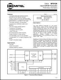 MT9126AE datasheet: 0.3-7V; 20mA; quad ADPCM transcoder. For pair gain, voice mail systems, wireless set base stations MT9126AE