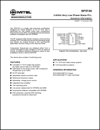 SP5748 datasheet: 4.5-5.5V; 2.4GHz very low phase noise PLL. For TV, VCR and cable tuning systems, communications systems SP5748