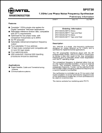 SP5730MP1S datasheet: 4.5-5.5V; 1.3GHz low phase noise frequency synthesiser. For digital satellite, cable and terrestrial tuning systems, commnucations systems SP5730MP1S