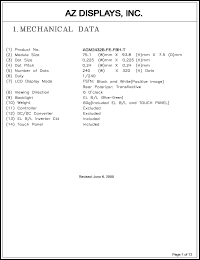 AGM2432B-FE-FBH-T datasheet: 0.3-7.0V; number of dots: 240 x 320dots; dot size:0.225 x 0.225mm; dot pitch:0.24 x 0.24mm; AZ display AGM2432B-FE-FBH-T