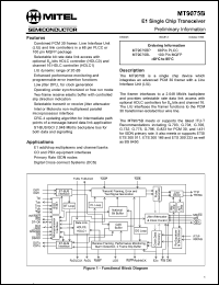 MT9075BP datasheet: 0.3-7.0V; 30mA; E1 single chip transceiver. For E1 add/drop multiplexers and channel banks MT9075BP